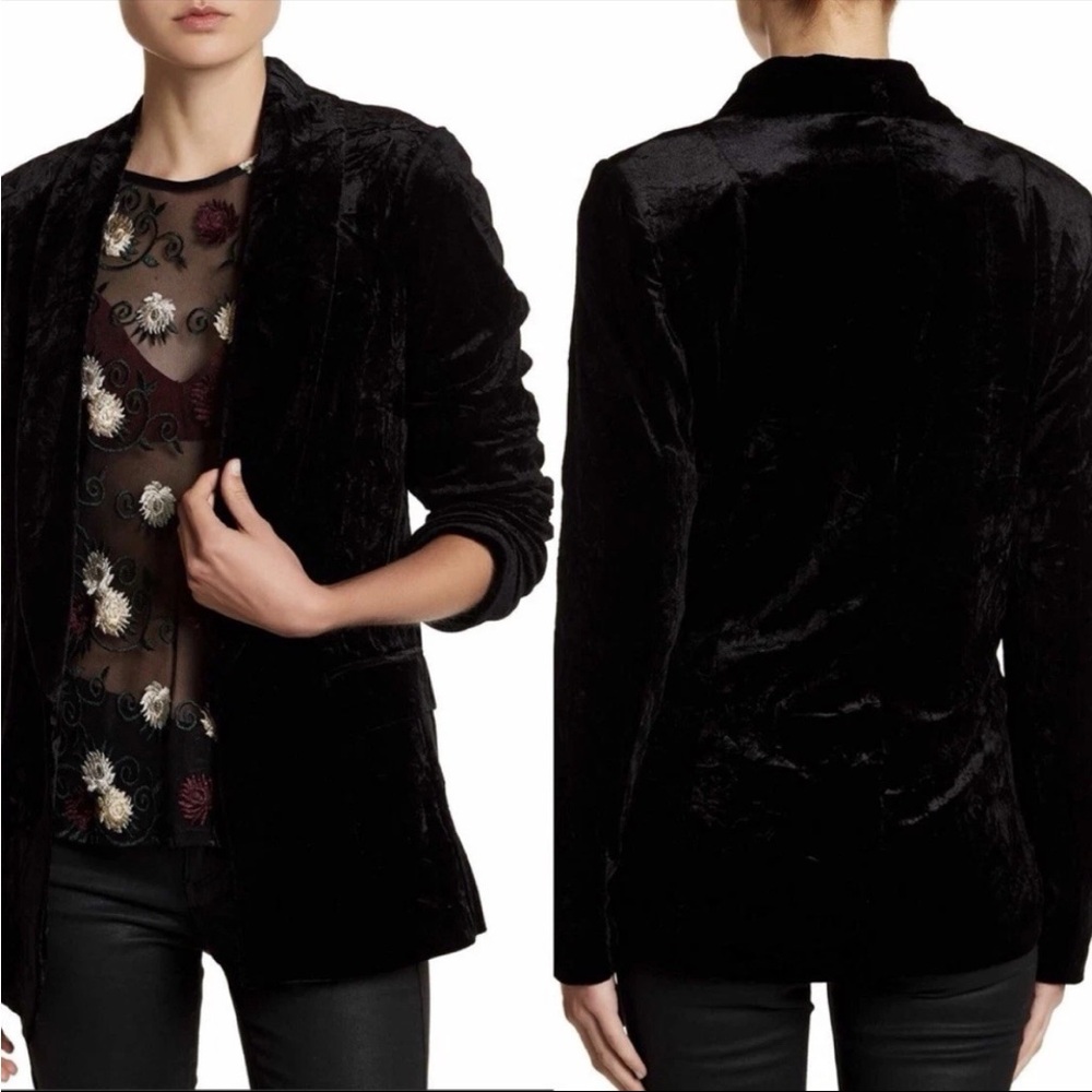 Ro  & De Womens Black Crushed Velvet Open Front Blazer L Longline Holiday Party